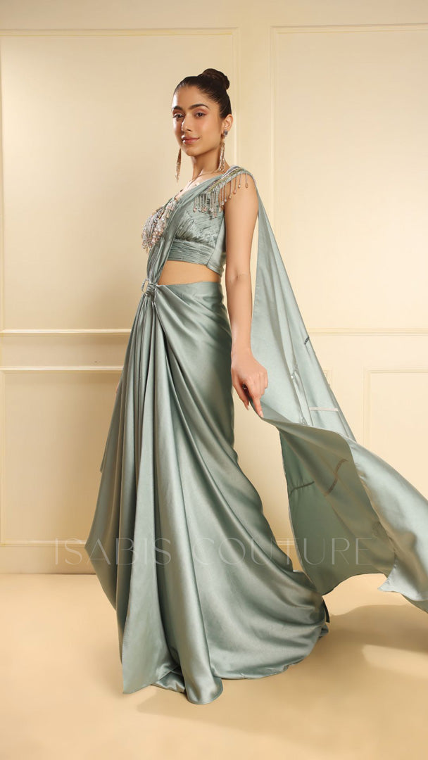 Pleated Crop Top Drape Skirt