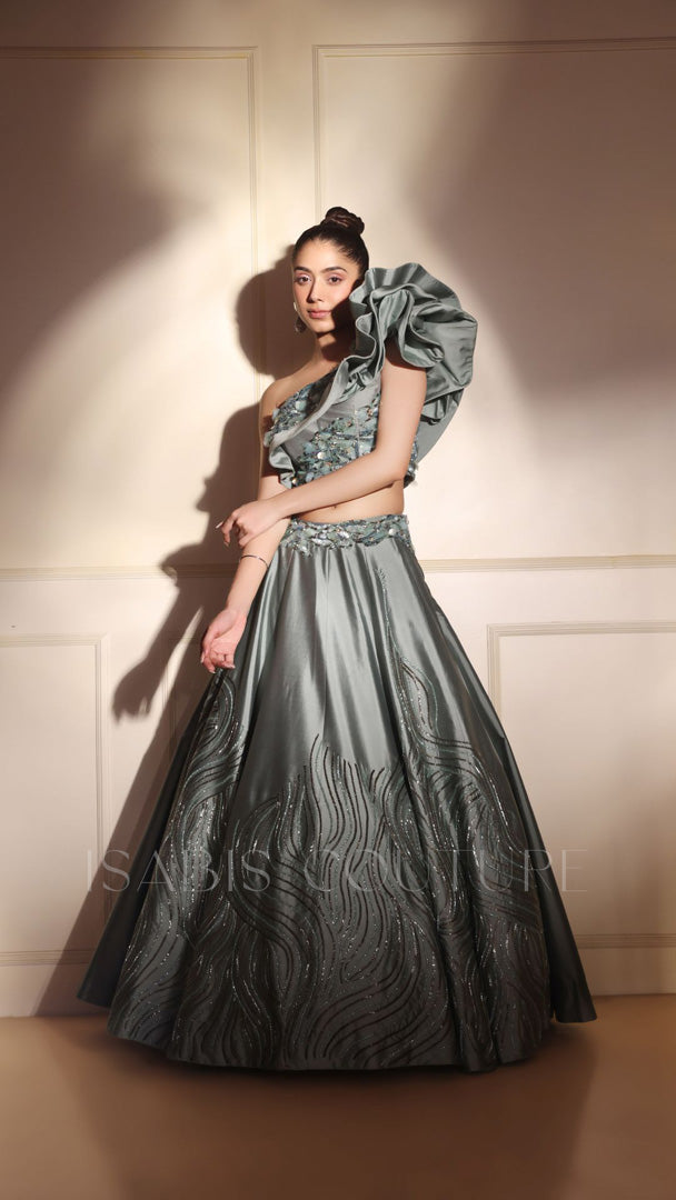 One Shoulder Ruffle Crop Top Skirt