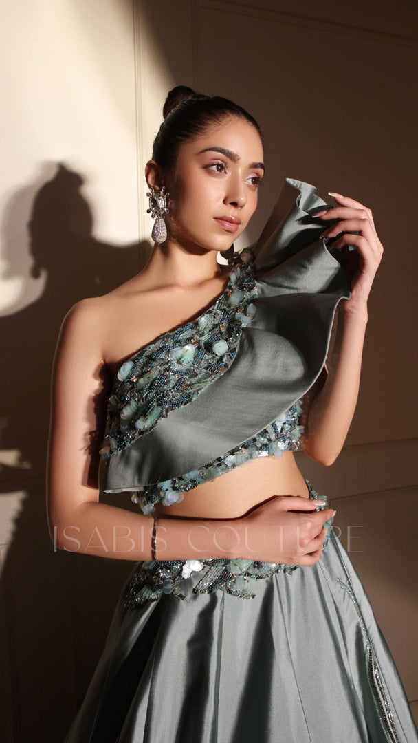 One Shoulder Ruffle Crop Top Skirt