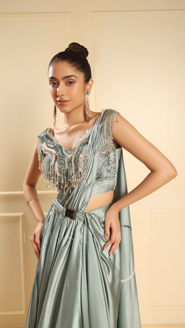 Pleated Crop Top Drape Skirt