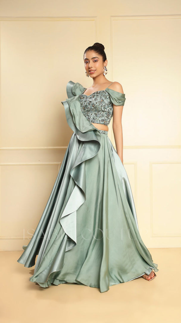 One Side Riffled Off Sholuder Drape Top Culottes