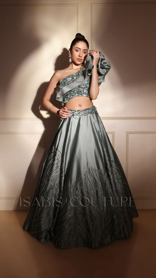 One Shoulder Ruffle Crop Top Skirt