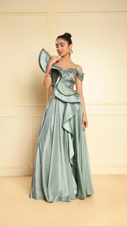 One Side Riffled Off Sholuder Drape Top Culottes