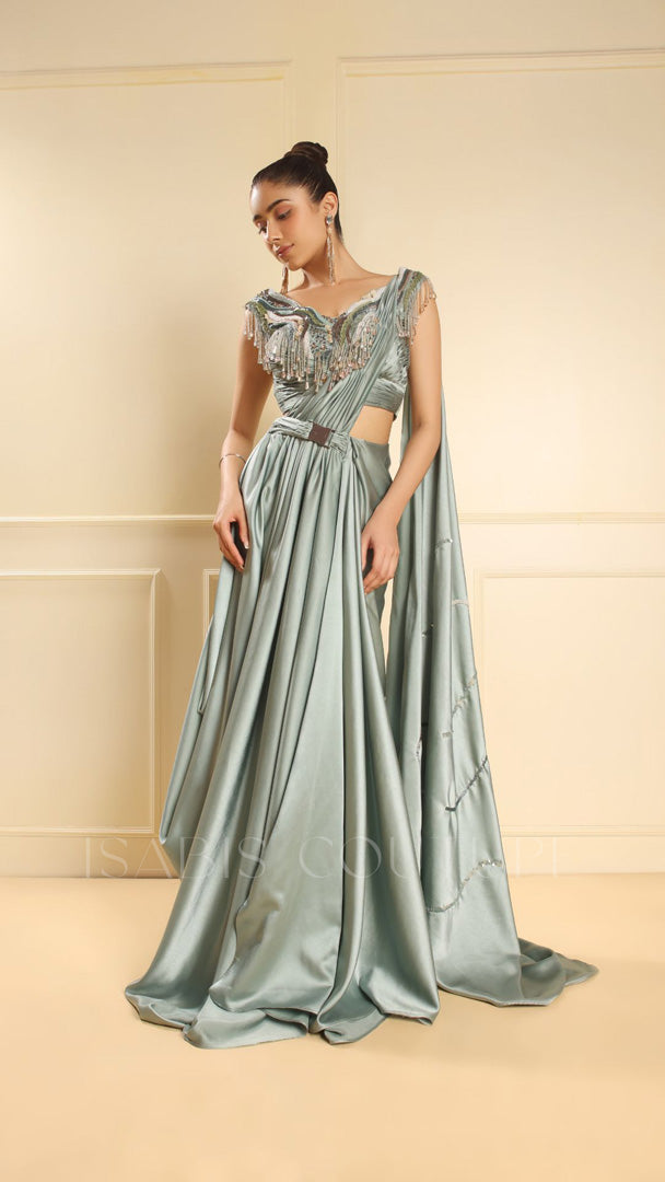 Pleated Crop Top Drape Skirt