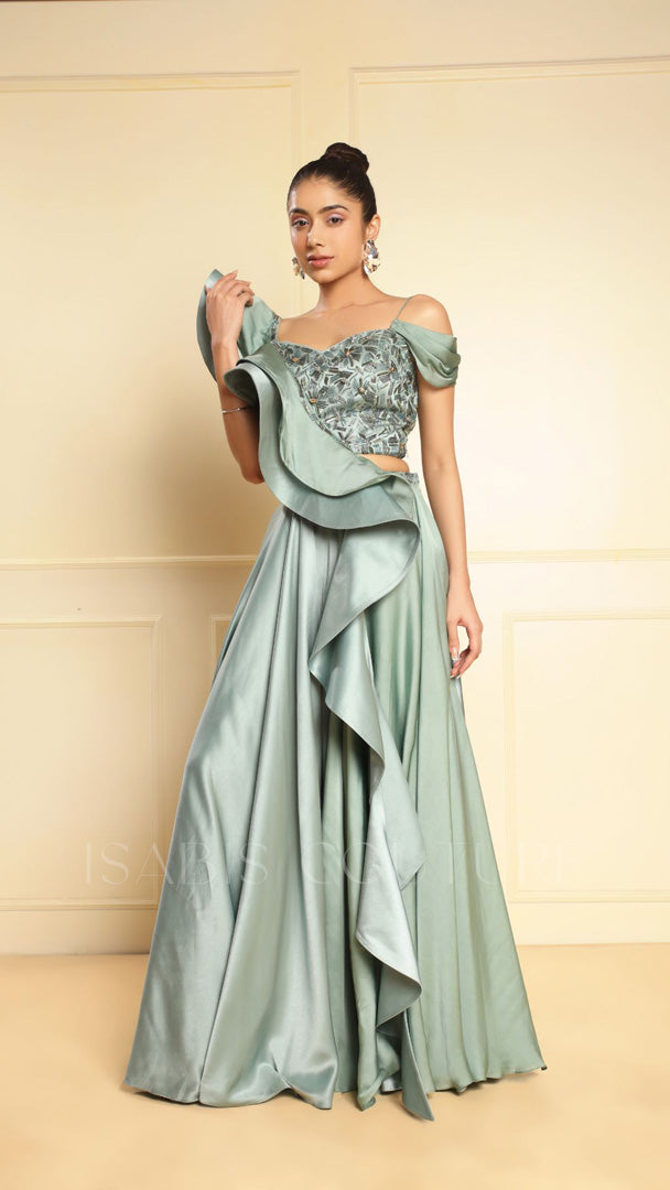 One Side Riffled Off Sholuder Drape Top Culottes